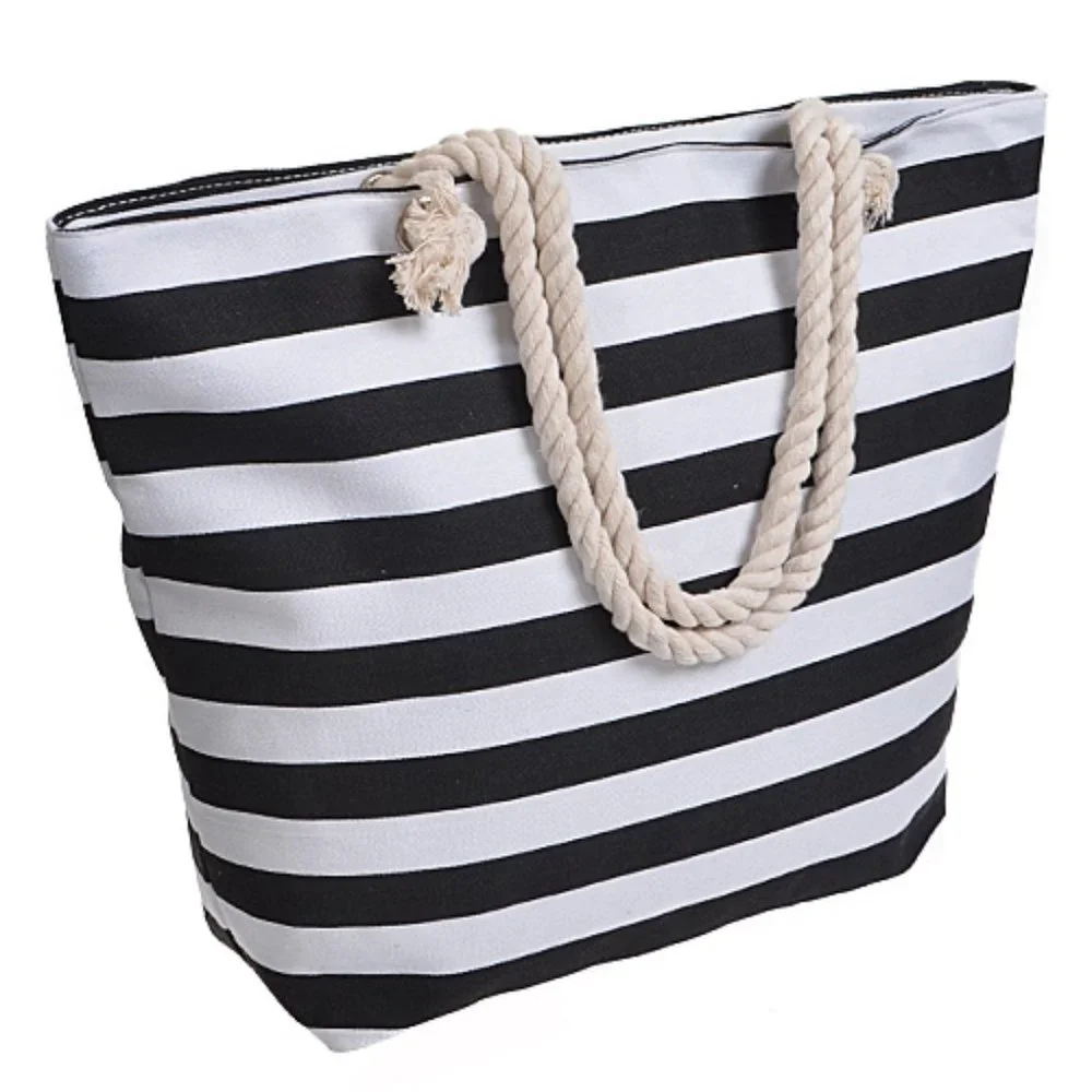 Beachy Striped Tote Bag/ Overnight Bag - Black/White- NWT